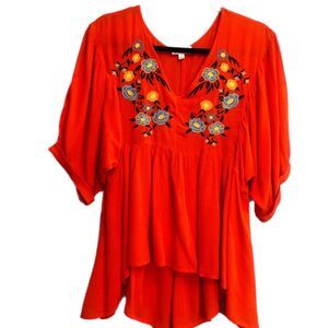 Umgee Embroidered Peasant Blouse Red Balloon Sleeves Swiss Dot Size S
